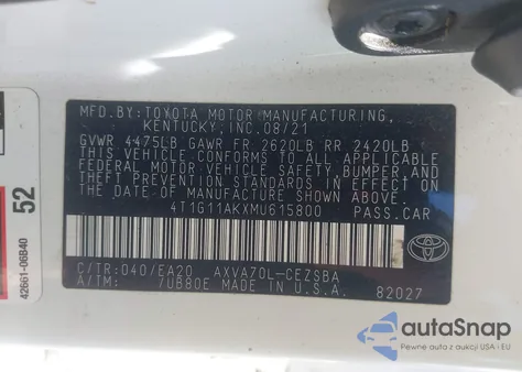 2021 Toyota Camry Se из США, поврежденный, VIN 4T1G11AKXMU615800